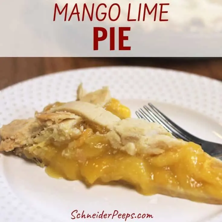 A piece of mango lime pie on a plate with text overlay