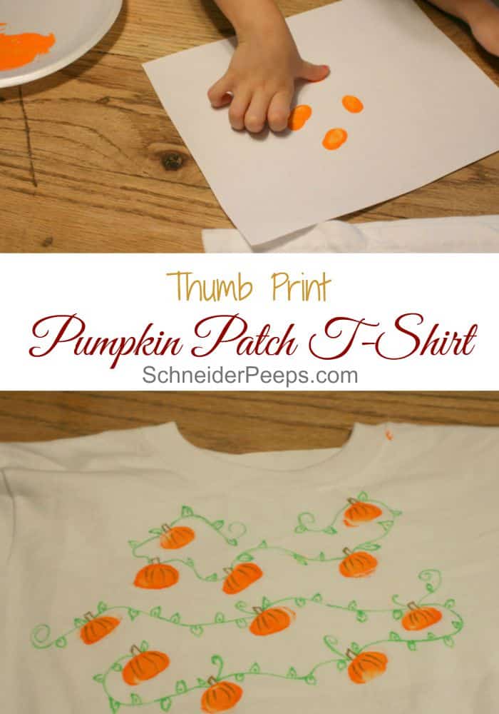 Thumb print pumpkin patch t-shirts are a super fun and easy way to get into the fall spirit. We literally did this while cooking dinner. 