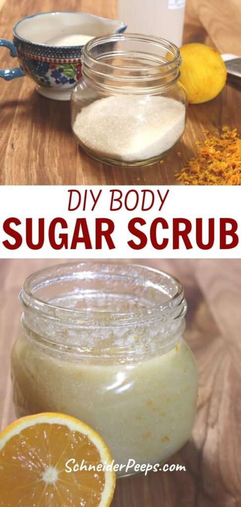 collage of ingredients for citrus body scrub and the finished scrub
