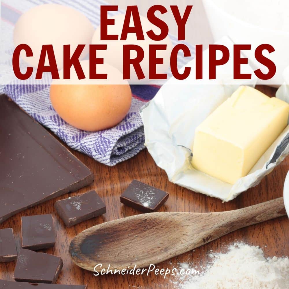 image of cake ingredients; chocolate bar, butter, eggs, flour, and sugar